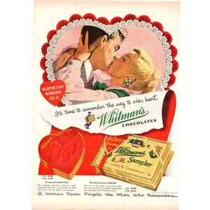 1951 Whitman's Sampler Chocolates Vintage Print Ad Valentine's Day Kiss Wall Art